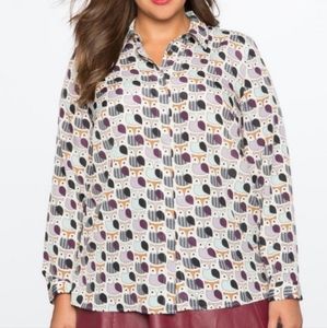 ELOQUII Owl Print Button Down Blouse